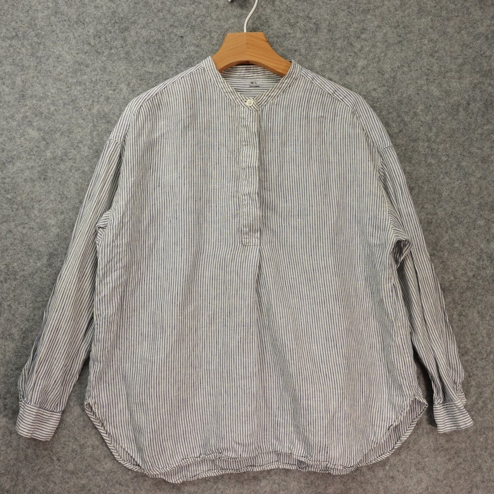 Lagenlook Linen Shirt Womens M L Blue Coastal Pinstripe Mandarin Collar Popover
